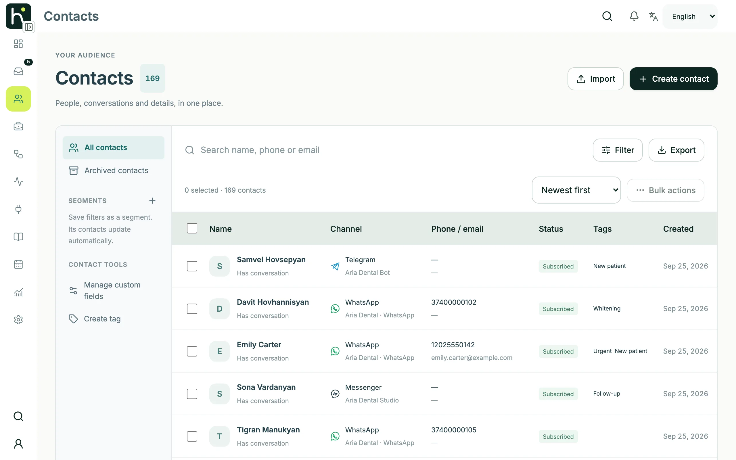 Hosqi contacts directory with tags and channels