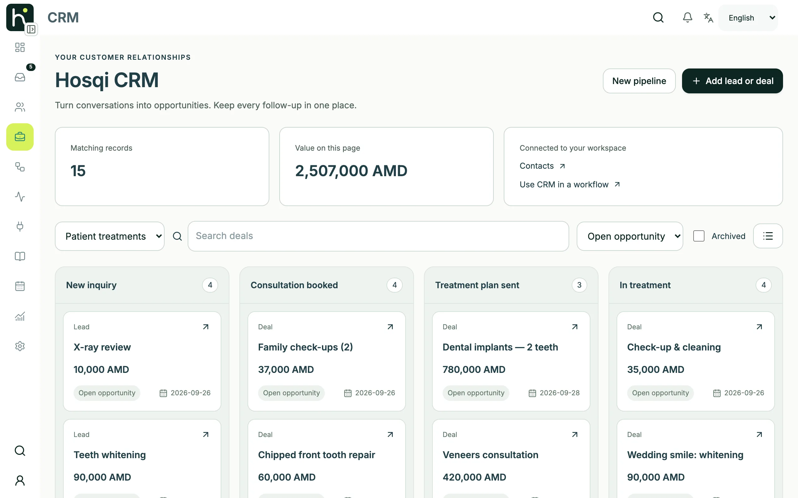 Hosqi CRM board with leads and deals by stage