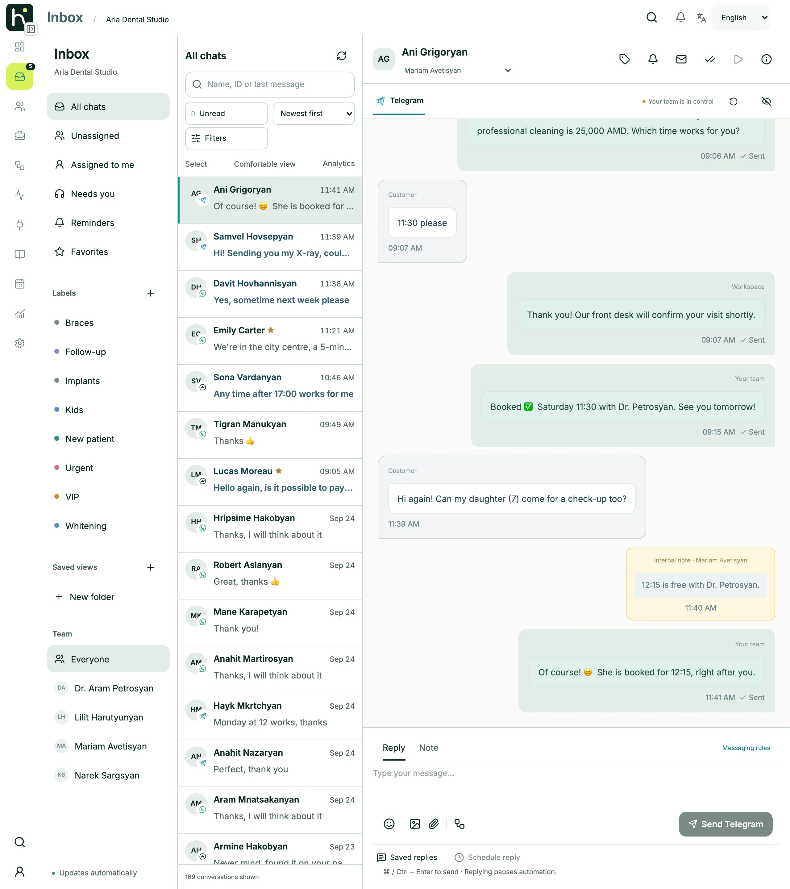 Hosqi inbox with a full Telegram conversation and the chat list