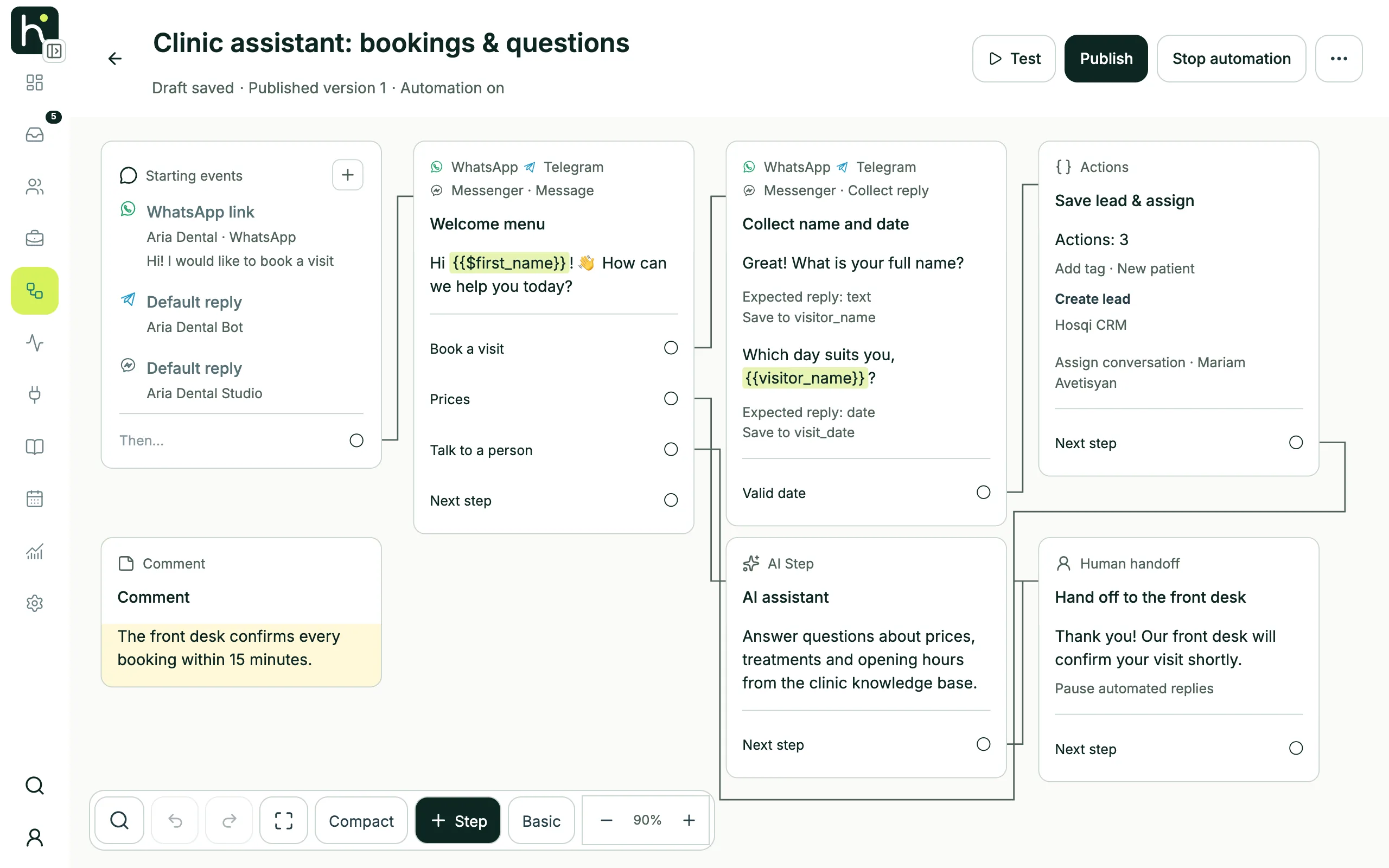 Hosqi visual workflow editor with a published booking flow